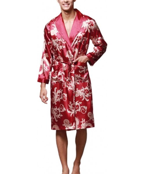 Robes Silk Men Bathrobe Long Sleeve Bathrobe Artificial Silk Pajamas for Dorm Home Hotel Bathroom - Claret-red - C919202UIZM
