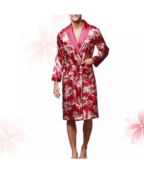 Robes Silk Men Bathrobe Long Sleeve Bathrobe Artificial Silk Pajamas for Dorm Home Hotel Bathroom - Claret-red - C919202UIZM