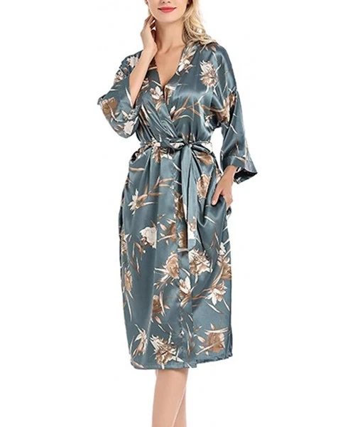 Robes Women Silky Kimono Bath Robe Floral Printed Midi Long Belted Nightgown Sleepwear - CO1985IGEML