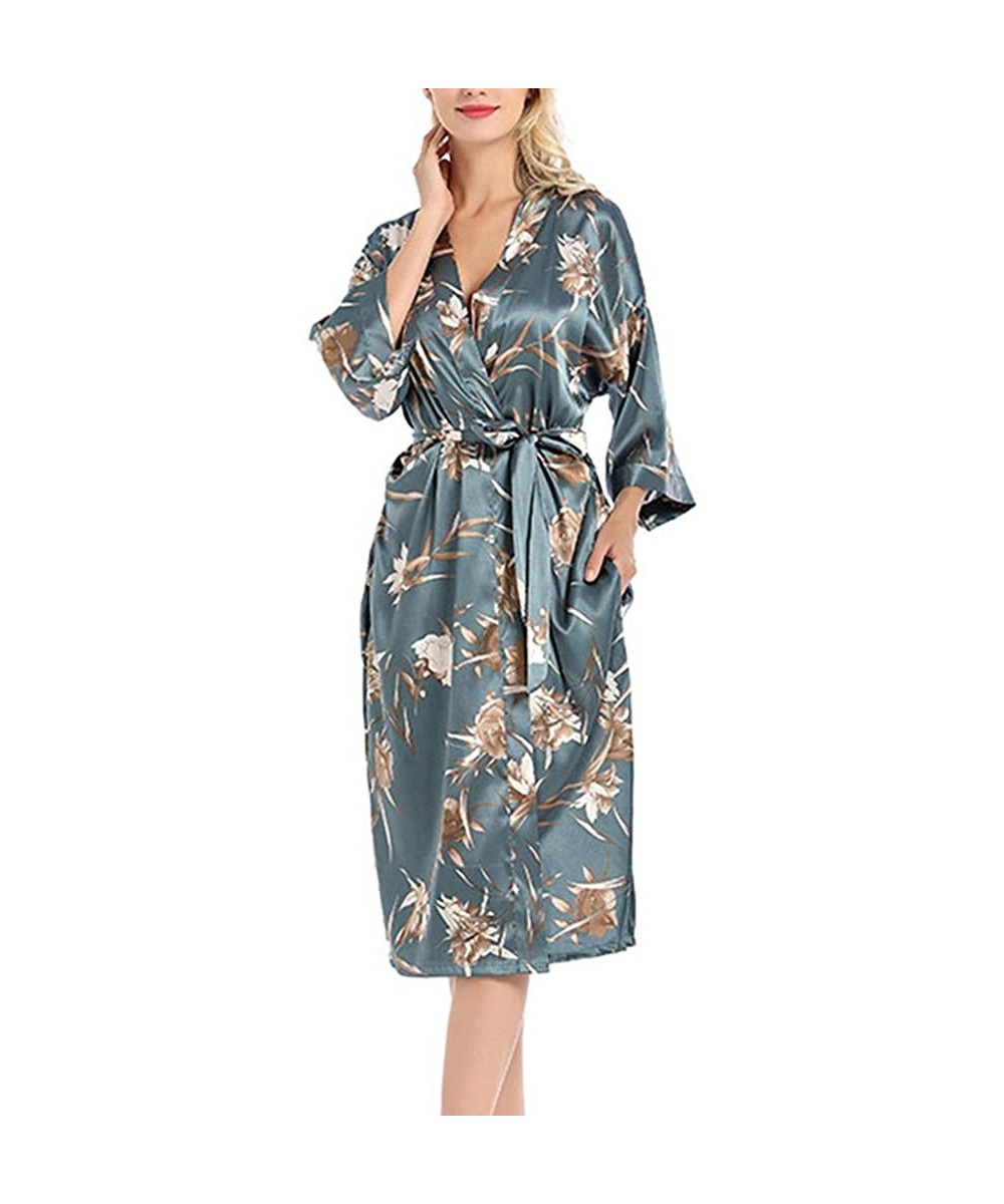 Robes Women Silky Kimono Bath Robe Floral Printed Midi Long Belted Nightgown Sleepwear - CO1985IGEML