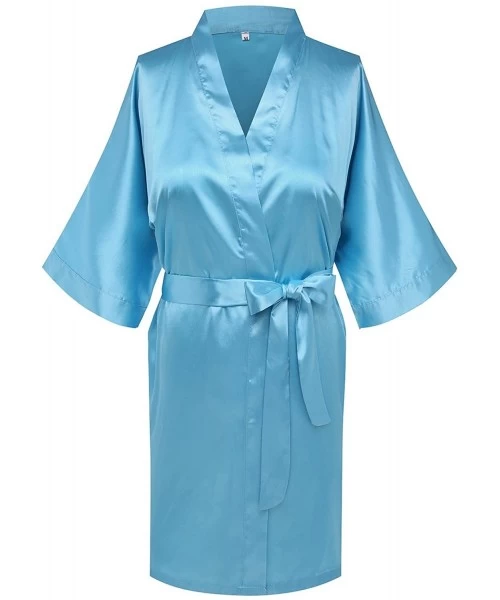 Robes Women's Pure Color Satin Kimono Robes Bridesmaid Wedding Party Dressing Gown-Short - Sky Blue4 - CJ12H5RB9GB