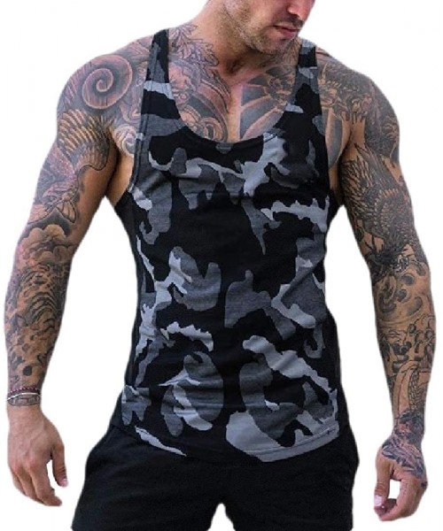 Undershirts Men's Gym Tank Vest Undershirt Sleeveless Camo Shirts - Grey - C119CH2H6X8