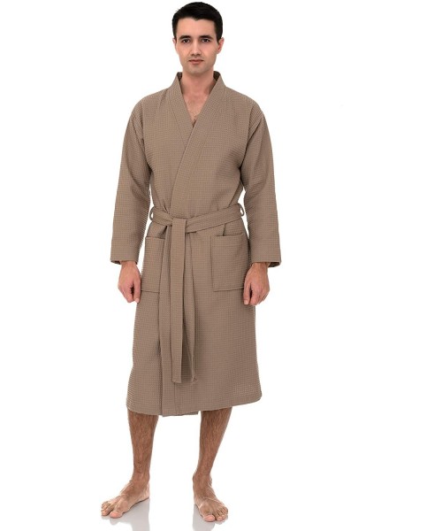 Robes Men's Waffle Bathrobe Turkish Cotton Kimono Robe - Taupe - CS12NROIEE9