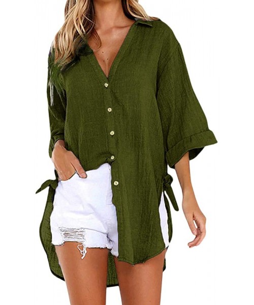 Thermal Underwear Women's Casual Button Dress Shirt Cotton Loose V-Neck Tunic Blouse Tops - Green - C61969A3HQW