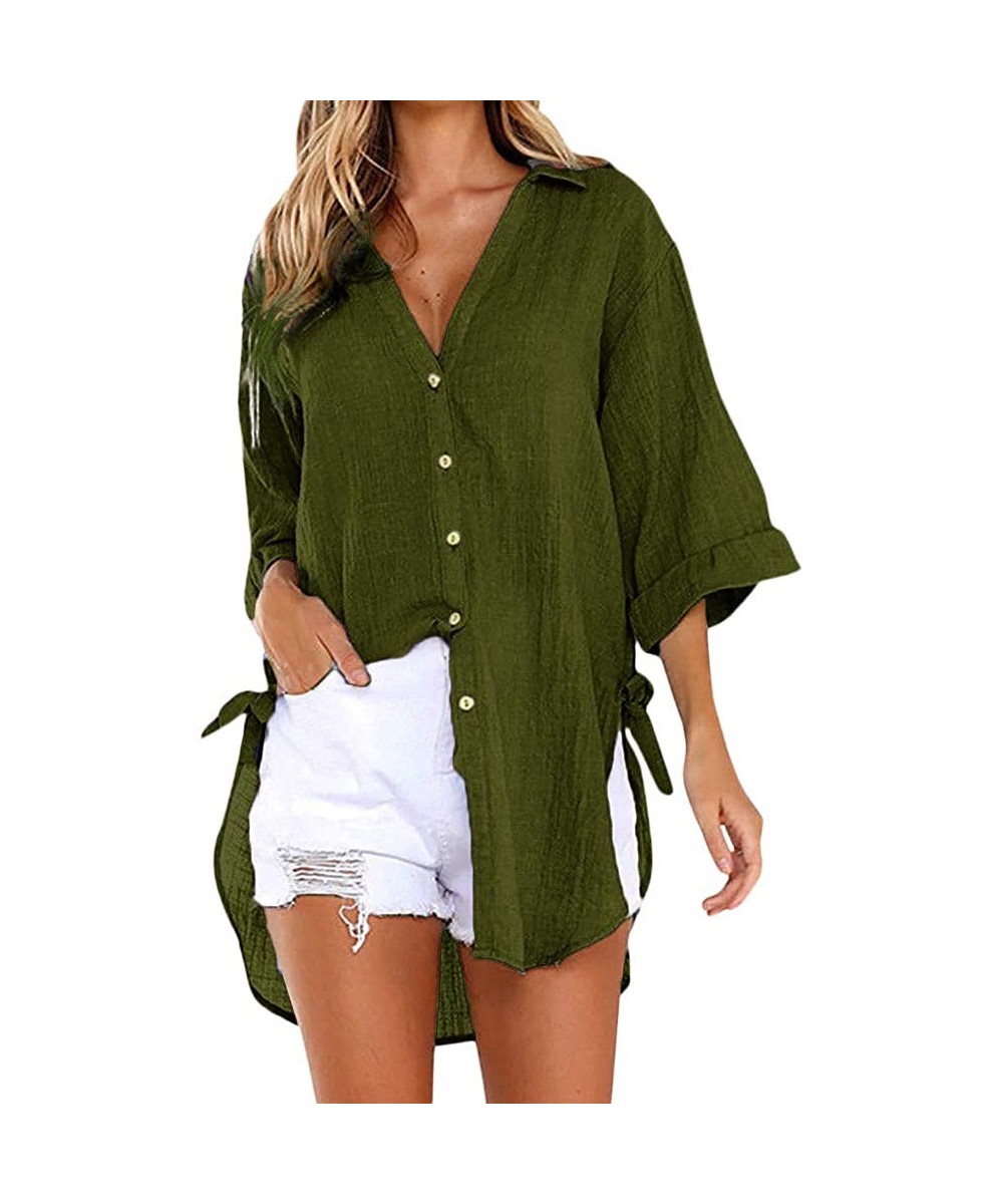 Thermal Underwear Women's Casual Button Dress Shirt Cotton Loose V-Neck Tunic Blouse Tops - Green - C61969A3HQW