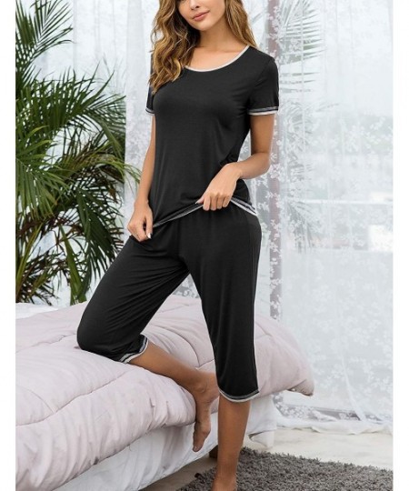 Sets Womens Pajama Sets Sleepwear Short Sleeve Classic Tops with Capri Pjs Set - A-black - CE18RKWIEOI