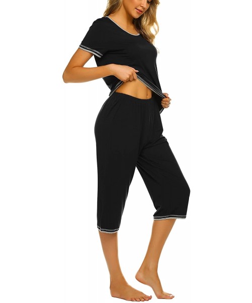 Sets Womens Pajama Sets Sleepwear Short Sleeve Classic Tops with Capri Pjs Set - A-black - CE18RKWIEOI