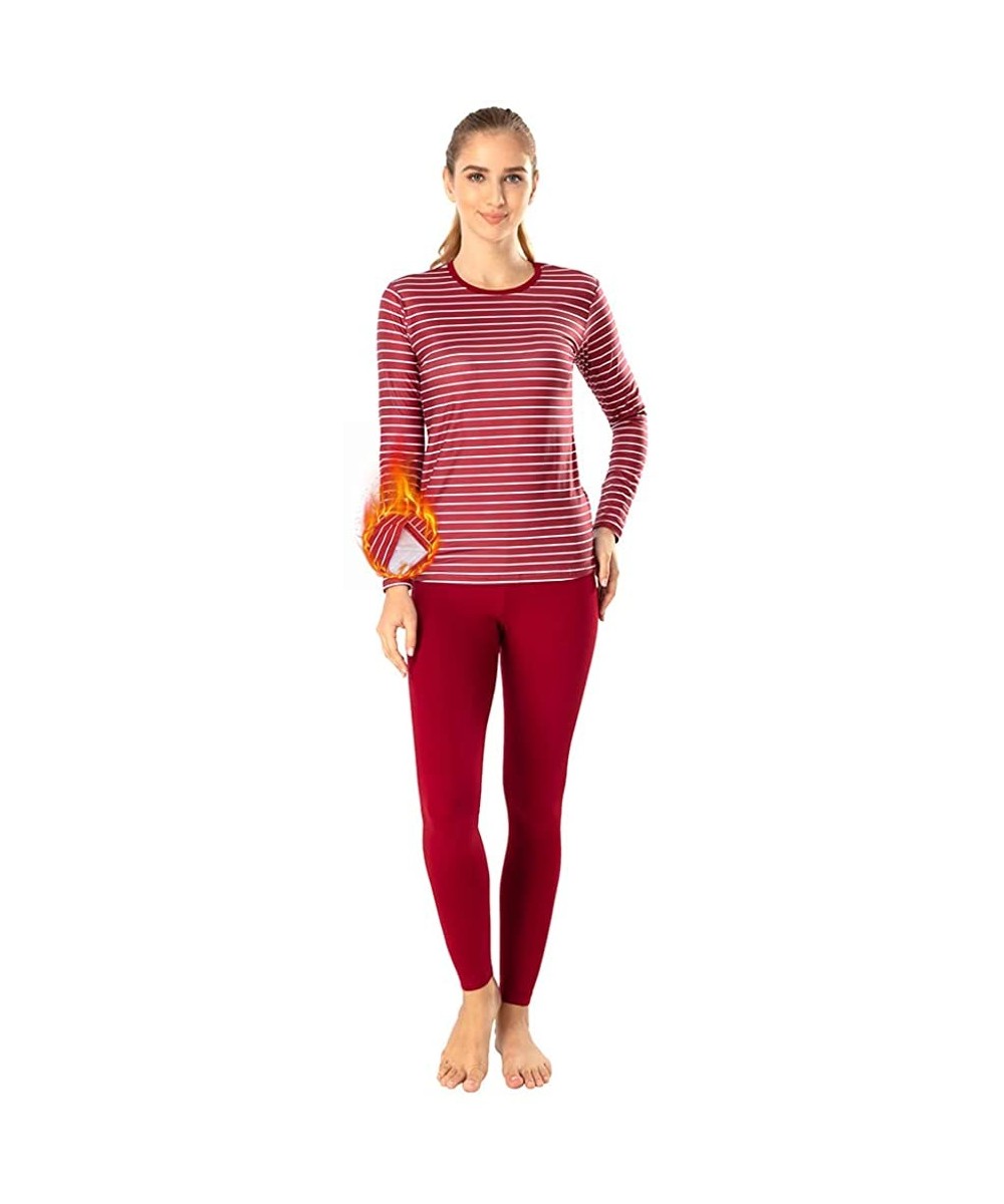 Thermal Underwear Thermal Underwear for Women Long Johns Set Fleece Lined Ultra Soft - Striped-wine Red - CY193IMEQRD