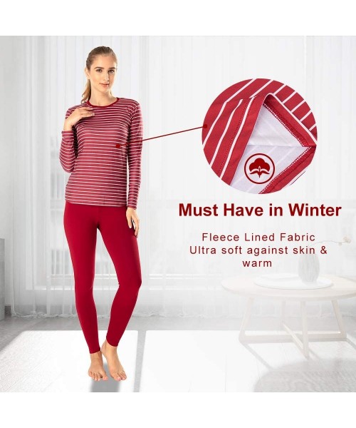 Thermal Underwear Thermal Underwear for Women Long Johns Set Fleece Lined Ultra Soft - Striped-wine Red - CY193IMEQRD