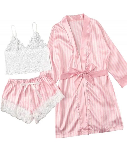 Sets Women's 3 Piece Pajamas Set Sexy Satin Robe Lace Spaggetti Strap Wrap Cami Tops and Shorts Pink - Pink - C419892ONSG