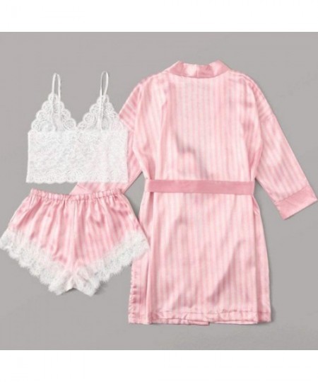 Sets Women's 3 Piece Pajamas Set Sexy Satin Robe Lace Spaggetti Strap Wrap Cami Tops and Shorts Pink - Pink - C419892ONSG