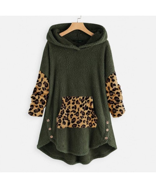 Tops Shaggy Fleece Jacket Leopard Color Block Peplum Hooded Pullover Sweatshirt Fluffy Coat Outwear - Green - CO1925EZO4C