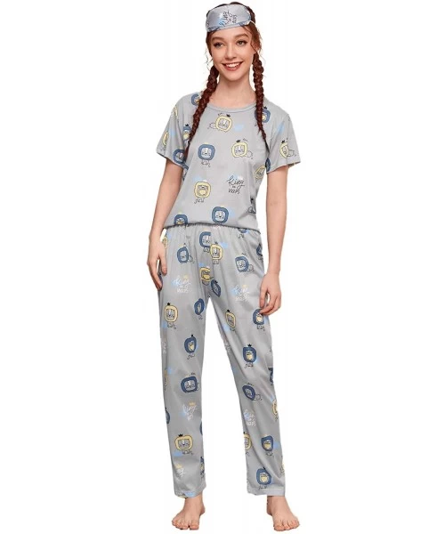 Sets Women's Cartoon Print Short Sleeve Top with Long Pants Two Piece Pajama Sets - Blue - CL198XX2W4C