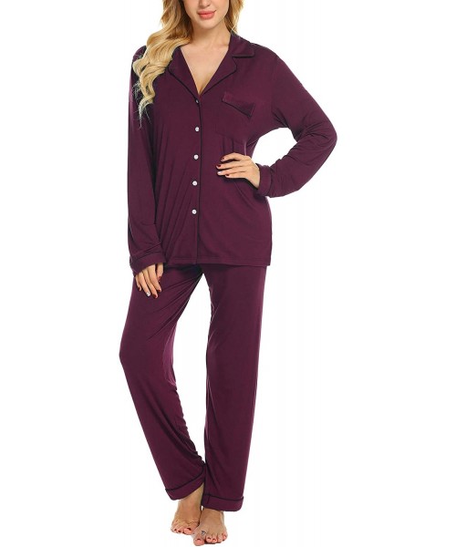 Sets Pajamas Set Long Sleeve Sleepwear Womens Button Down Nightwear Soft Pj Lounge Sets XS-XXL - Cherry Red - CP18R92Y5MO