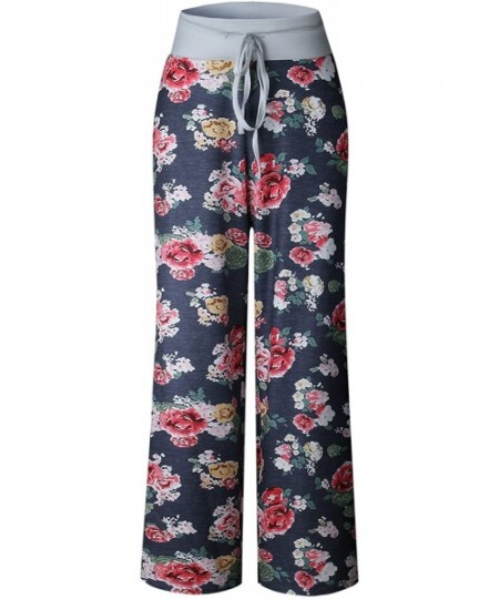 Bottoms Women's Comfy Soft Stretch Wide Leg Floral/Polka Floral Print Palazzo Pajama Pants Lounge - Navy - C4187GWTIKW