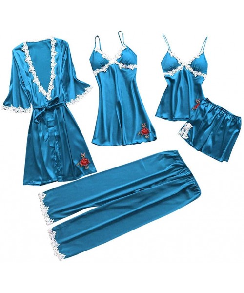 Sets Womens Lingerie Sexy Satin Pajamas Set 5pcs Nightgown Chemise with Robe Set Sexy Lace Nightwear Home Clothes - A-sky Blu...