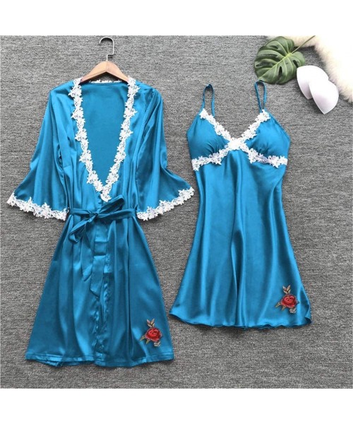 Sets Womens Lingerie Sexy Satin Pajamas Set 5pcs Nightgown Chemise with Robe Set Sexy Lace Nightwear Home Clothes - A-sky Blu...