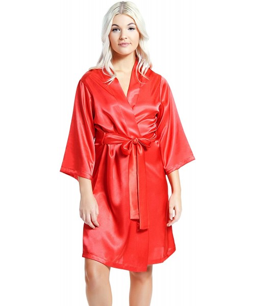 Robes Women's Satin 3/4 Sleeve Kimono Robe with Matching Sash Regular/Long Length - Red - C318G6HS08Z