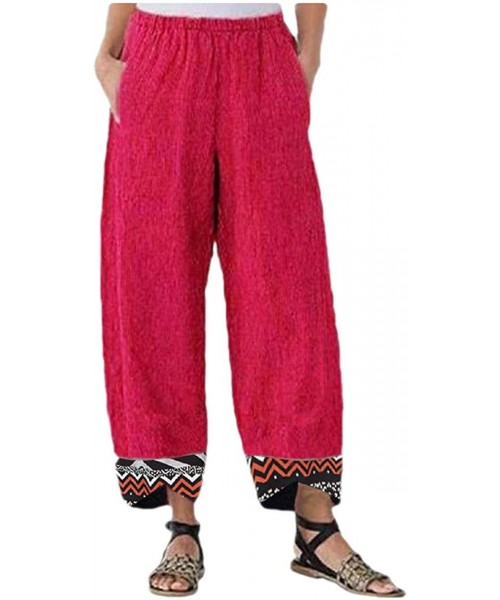 Bottoms Women's Pocket Oversized Linen Lounge Comfy Chic Palazzo Lounge Pants - Red - CC19C53LU82