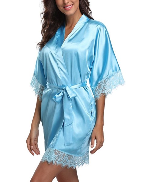Robes Short Satin Kimono Robes Women Pure Color Bridemaids Bath Robe with Lace Trim - Sky Blue - CU180IWE2E7