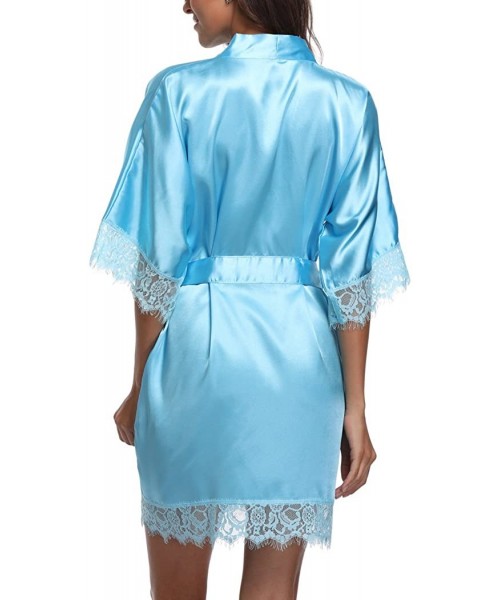 Robes Short Satin Kimono Robes Women Pure Color Bridemaids Bath Robe with Lace Trim - Sky Blue - CU180IWE2E7