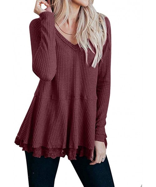 Tops Blouse Long Sleeve Shirt- Womens Casual Long Sleeve Knot Waffle Knit Tunic Lace Blouse Cute Shirts Tops - Winered - CQ18...