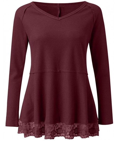 Tops Blouse Long Sleeve Shirt- Womens Casual Long Sleeve Knot Waffle Knit Tunic Lace Blouse Cute Shirts Tops - Winered - CQ18...