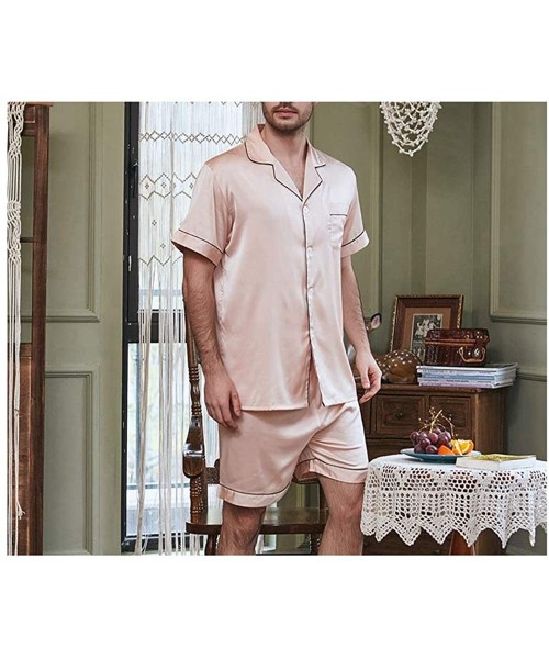 Sleep Sets Men Summer Short Sleeve Shorts Stain Silk Pajamas Set Male Couple Cardigan - Women Champagne Set - CY18T8632Y6