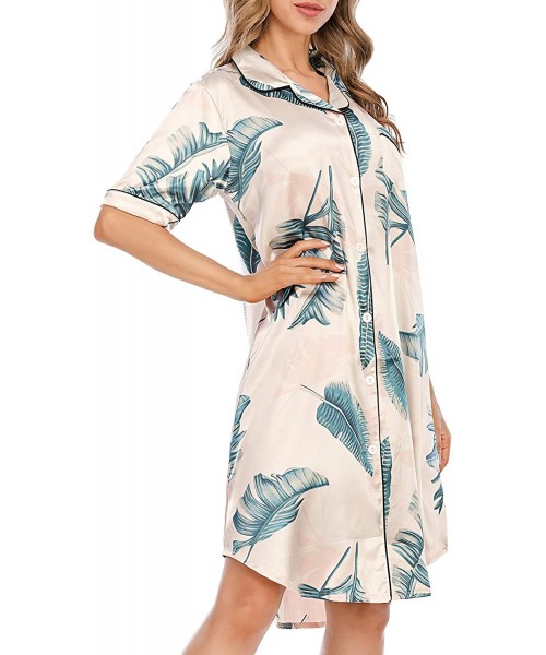 Nightgowns & Sleepshirts Women's Sleep Shirt Long Sleeve Sleepwear Satin Pajama Dress Nightgown Silk Button Down Nightshirt -...