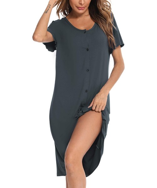 Nightgowns & Sleepshirts Women's Nightgown Short Sleeve Nightshirt Button Down Sleepwear V-Neck Pajama Dress - Deep Grey - C0...