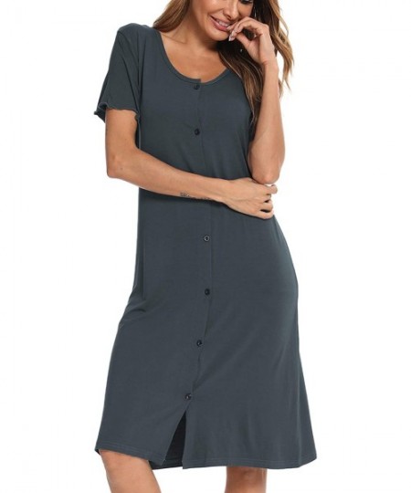 Nightgowns & Sleepshirts Women's Nightgown Short Sleeve Nightshirt Button Down Sleepwear V-Neck Pajama Dress - Deep Grey - C0...