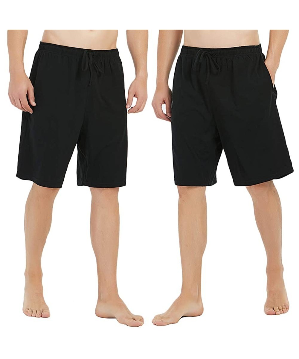 Sleep Bottoms Mens Cotton Pajama Shorts- Lightweight Lounge Pant with Pockets Soft Sleep Pj Shorts for Men - Black/Black - C1...