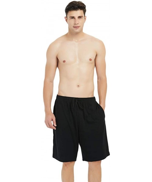 Sleep Bottoms Mens Cotton Pajama Shorts- Lightweight Lounge Pant with Pockets Soft Sleep Pj Shorts for Men - Black/Black - C1...