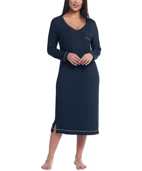 Nightgowns & Sleepshirts Womens Soft Bamboo Long Sleeve V-Neck Nightgown Night Shirt Sleep Dress - Navy Blue - CP18ZKO9OU5