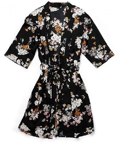 Nightgowns & Sleepshirts Women Lounger Robe Cardigan Printing Silk Casual Loose Sleepwear - Black - CY19E6LLDO2