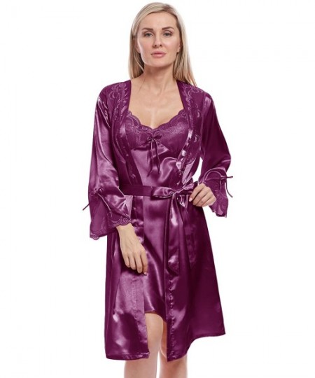 Robes Women's Long Satin Robe Silk Robes Lace Satin Robe Bridal Kimono Sexy with Oblique V-Neck - Purple - CW1966W5TO4