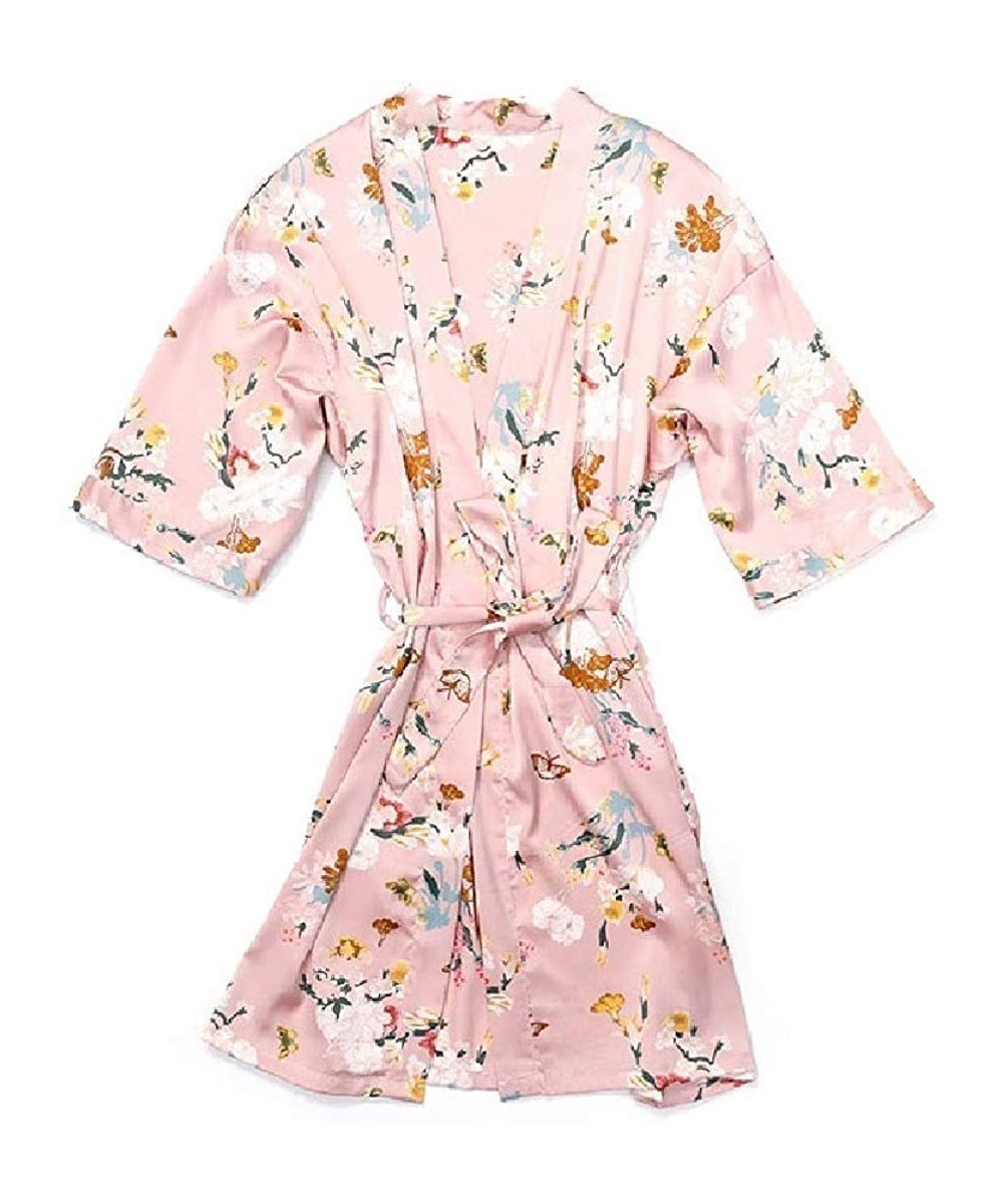 Nightgowns & Sleepshirts Womens Cardigan Silk Kimono Floral Print Lounger Casual Sleeping Dress - Pink - CT19E7DXK5W
