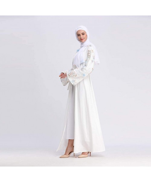 Robes Women Openwork embroi Long Dress Robe Open Abaya Cardigan Muslim Dubai Robe Gown - White - CZ18TOS8EX6