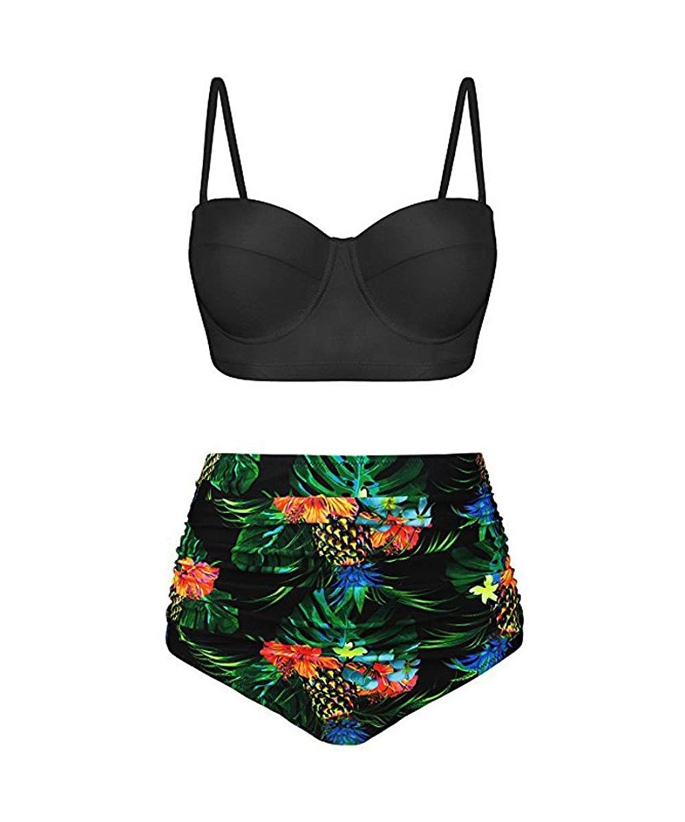 Tops Women's High Waist Bikini Swimwear Women's Vintage Print Beachwear Bikini Set Swimwear - Green - C318SYG3SQ8