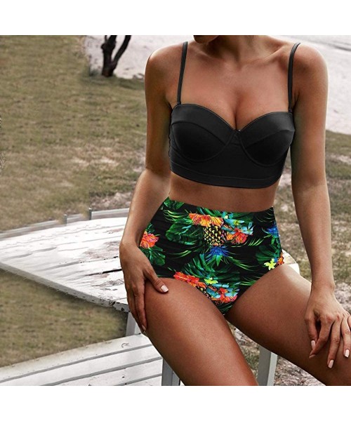 Tops Women's High Waist Bikini Swimwear Women's Vintage Print Beachwear Bikini Set Swimwear - Green - C318SYG3SQ8