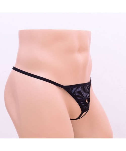 G-Strings & Thongs Mens Open Front Shiny Stretch Thong T-Back Lingerie 3 Colors - Black - CO18ZG46NG5