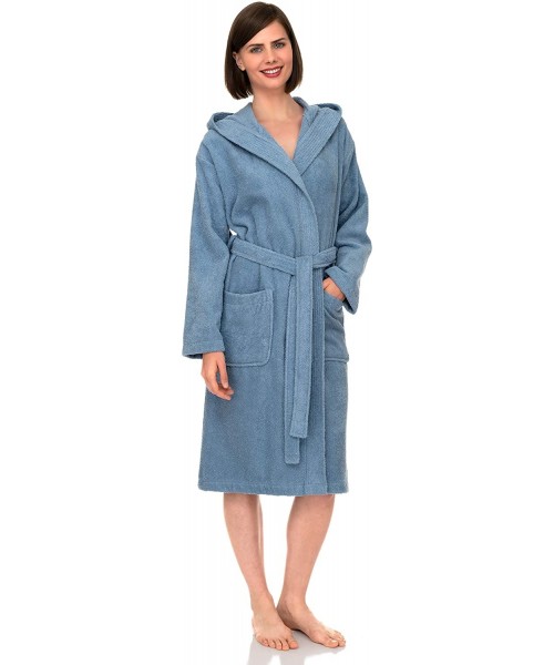 Robes Women's Hooded Robe- Turkish Cotton Terry Cloth Bathrobe - Blue - CE18O2XW5QT