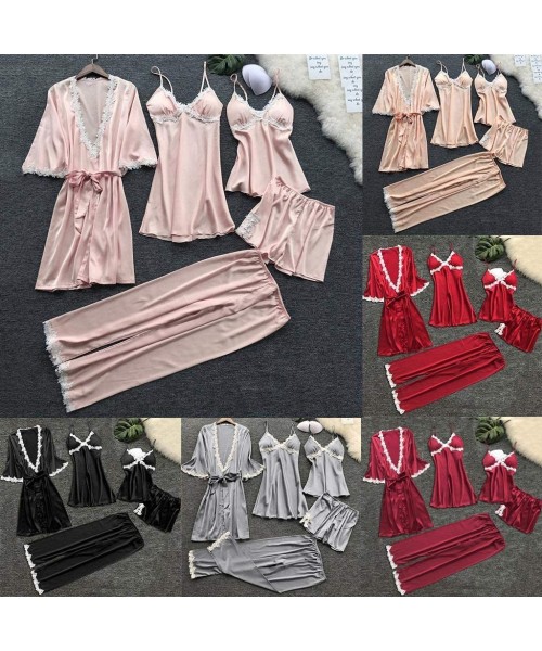 Sets Womens Sexy Satin Pajamas Set 5pcs Nightgown with Robe Set Sexy Lace Lingerie Pjs Loungewear Home Clothes A red 5 Pcs - ...
