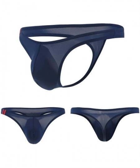 G-Strings & Thongs Mens Sexy T-Back Thongs Low Rise Underwear Bulge Pouch Ice Silk Briefs - Navy Blue - CL18KZR7MGK