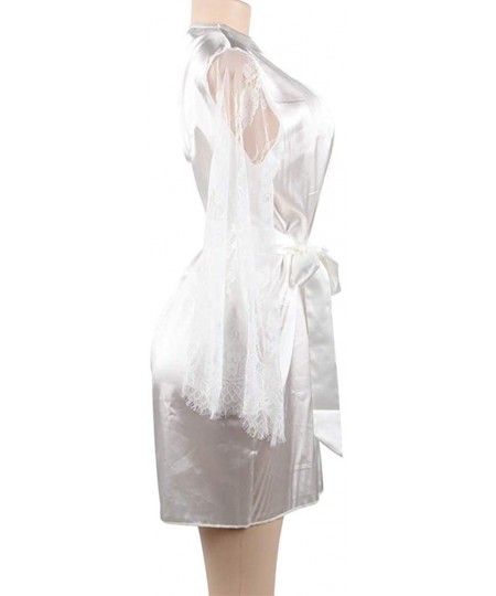 Nightgowns & Sleepshirts Plus Size Women's Sheer Lace Kimono Little Robe Lingerie with Flowers - White-1 - CN190U7QQC5