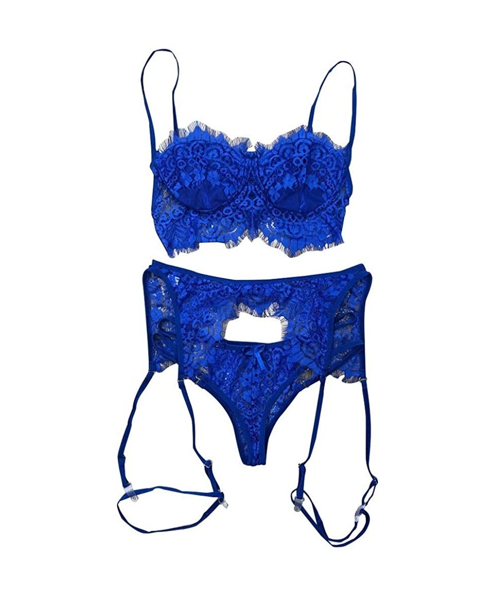 Baby Dolls & Chemises 3Pc Women Lace Lingerie Set Sexy Bra Panties Garter Set Babydoll Underwear Sleepwear Nightwear - Blue -...