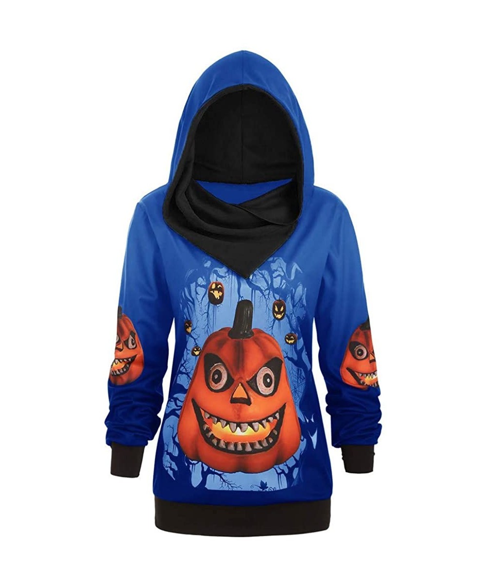 Thermal Underwear 3D Pumpkin Print Hoodie Women Halloween Plus Size Convertible Sweater Sweatshirt - Blue - CH18XUD50RX