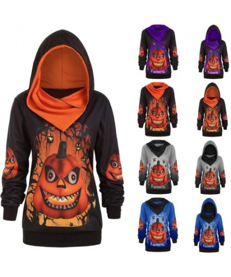 Thermal Underwear 3D Pumpkin Print Hoodie Women Halloween Plus Size Convertible Sweater Sweatshirt - Blue - CH18XUD50RX