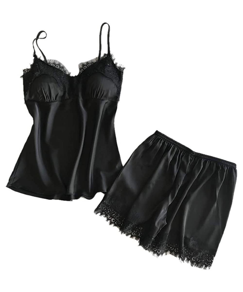 Sets Women's Satin Shorts Pajama Padded Bra Cami Set Lace Nightwear 2 Piece Lingerie Sleepwear - Black - CG18RD2RS6T