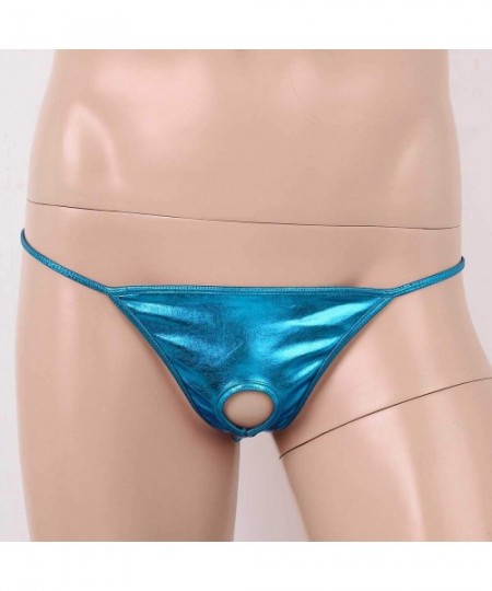 G-Strings & Thongs Men's Shiny Metallic Low Rise Hole Open Butt G-String Thong Bikini Briefs Underwear - Lake Blue - CH198UM5MZK